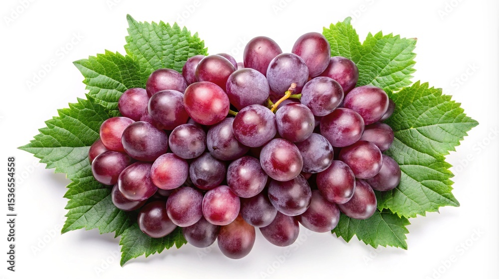 Fototapeta premium Close up of Fresh Red Grapes with Green Leaves on White Background