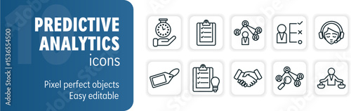 Predictive analytics icon set featuring customer segmentation, data mining and predictive modeling