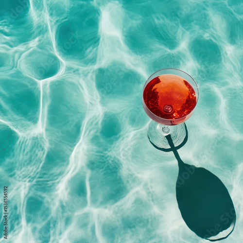 Aromatic cocktail in clear glass, sparkling under tranquil turquoise water reflecting sunlight patterns