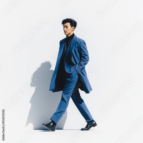 A full-body shot of an actor or cartoon character, a business man in a blue suit and coat moving on a white background, 