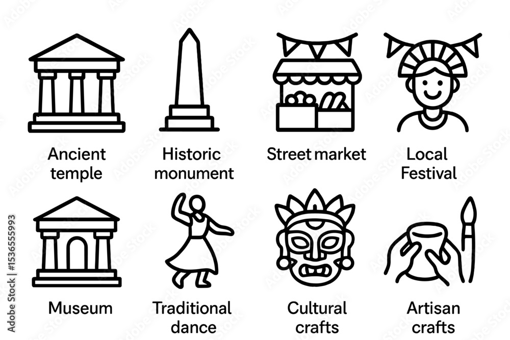 Fototapeta premium Cultural Travel Icons. Line style icons of cultural travel: ancient temple, historic monument, street market, local festival,