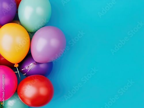 Brightly colored balloons on blue background - festive, vibrant, and cheerful design for celebrations, parties, or birthdays. Perfect for adding a playful touch to any project. photo