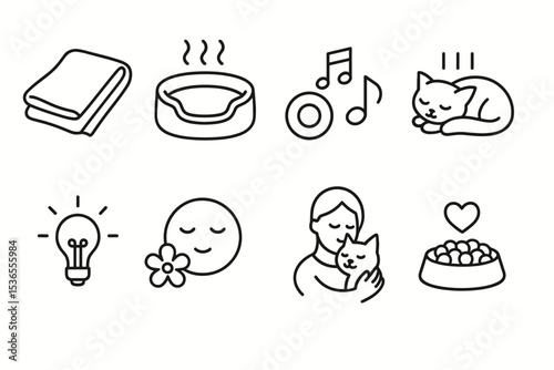 Pet Comfort Icons. Line style icons of pet comfort: cozy blanket, heated bed, soothing music, massage icon, calm light, stress
