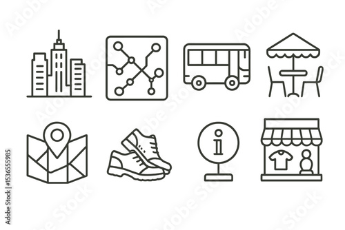 City Exploration Icons. Line style icons of city exploration: skyline, metro map, city bus, street cafe, map app, walking shoes,