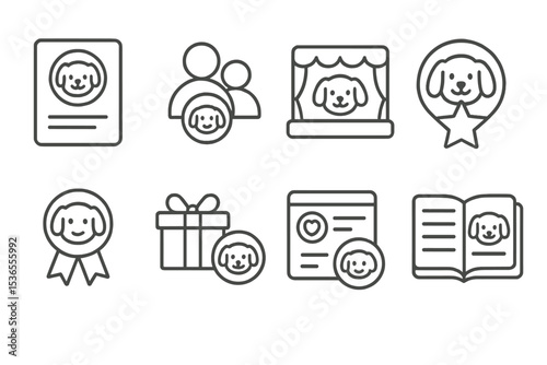 Virtual Pet Icons. Line style icons of virtual pet community: pet profile, friend list, pet show, pet contest, achievement badge,
