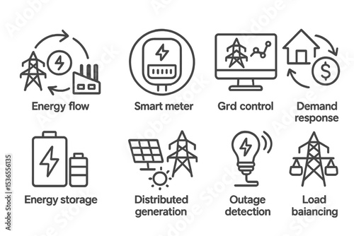 Smart Grid Icons. Line style icons of smart grids: energy flow, smart meter, grid control, demand response, energy storage,