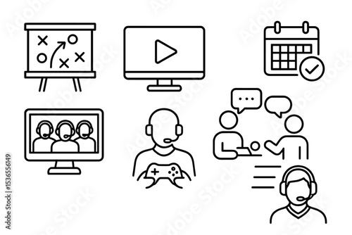 Esports Coaching Icons. Line style icons of esports coaching: strategy board, replay review, training schedule, team communication