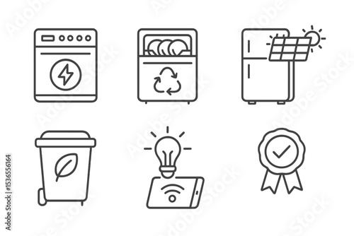 Eco-Friendly Kitchen Icons. Line style icons of eco-friendly kitchen tech: energy saver mode, water recycling, biodegradable