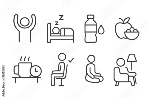 Wellness Routine Icons. Line style icons of wellness routines: morning stretch, sleep schedule, hydration alert, healthy snack,