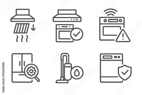 Smart Kitchen Icons. Line style icons of smart kitchen maintenance: filter change, system update, error alert, self-diagnosis,