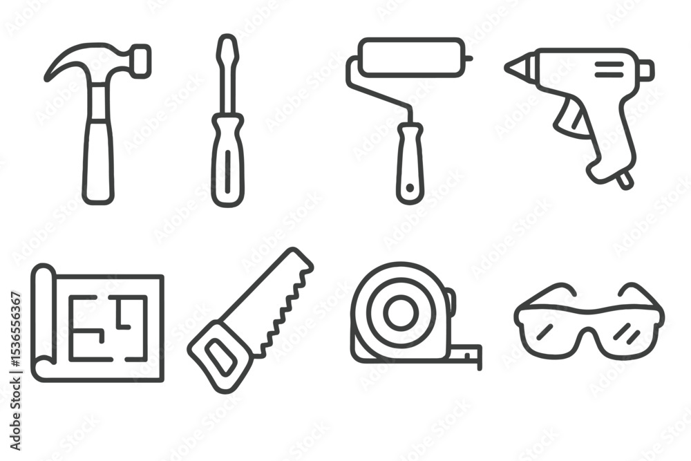 Fototapeta premium DIY Tool Icons. Line style icons for DIY projects: hammer, screwdriver, paint roller, glue gun, blueprint, saw, measuring tape,