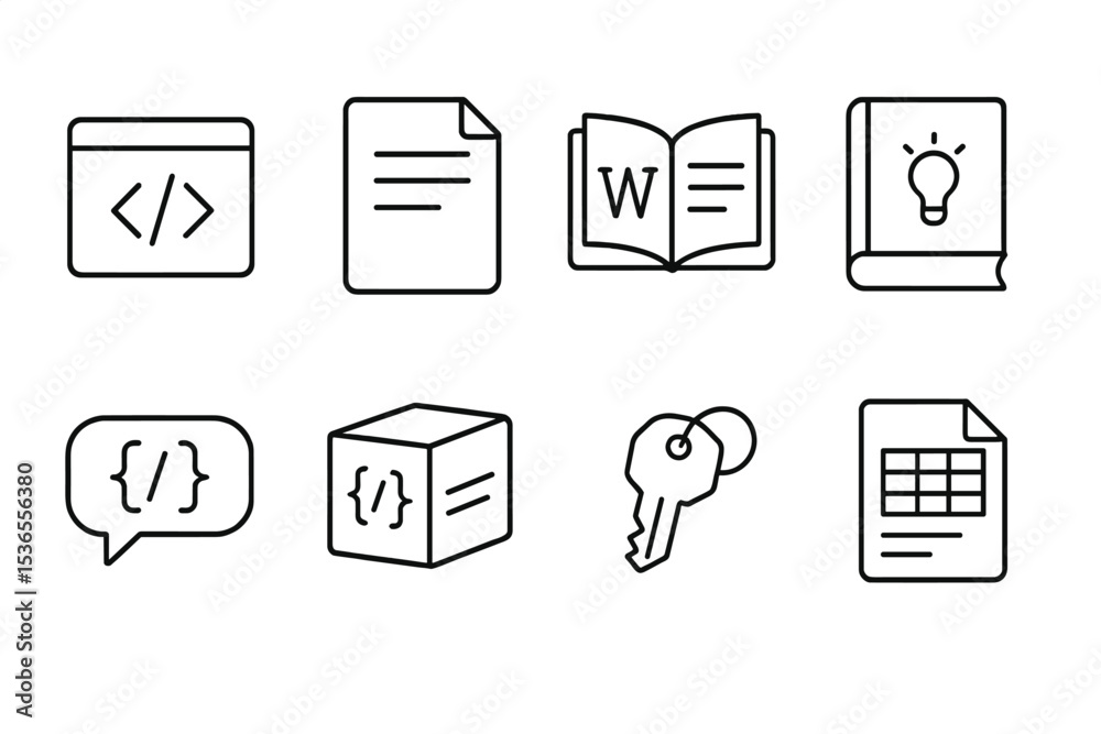 Developer Icon Set. Line style icons for developers: code snippet, documentation, wiki, knowledge base, developer forum, SDK, API Developer Icon Set. Line style icons for developers: code snippet, documentation, wiki, knowledge base, developer forum, SDK, API