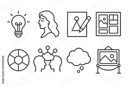 Creative Icons Collection. Line style icons of creative inspiration: light bulb, muse, sketch ideas, moodboard, color wheel,