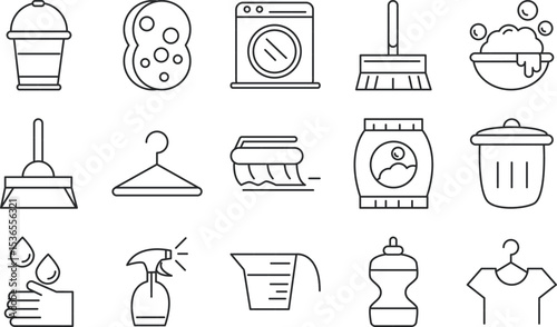 Cleaning Supplies and Laundry Icons A Comprehensive Set of Line Art Graphics for Your Projects