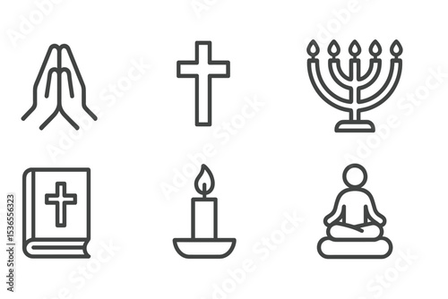 Religious App Icons. Line style icons for religious apps: prayer hands, cross, mosque, temple, menorah, scripture book, candle,
