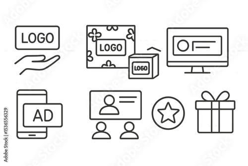 Line Style Sponsorship Icons. Line style icons of sponsorship and branding: sponsor logo, branded background, product placement,