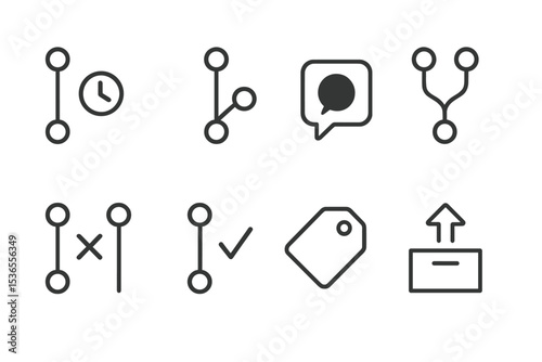 Developer Icon Set. Line style icons for developers: version history, git branch, commit message, code merge, conflict resolve,