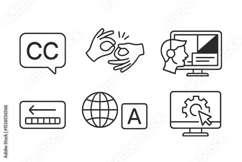 Virtual Accessibility Icons. Line style icons of virtual event accessibility: caption icon, sign language, screen reader, high