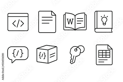 Developer Icon Set. Line style icons for developers: code snippet, documentation, wiki, knowledge base, developer forum, SDK, API