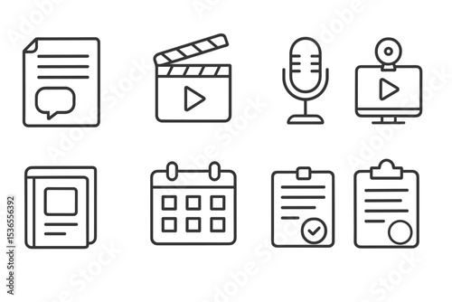 Content Marketing Icons. Line style icons for content marketing: blog post, video production, infographic, podcast, webinar,