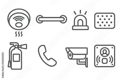 Elderly Home Safety Icons. Line style icons for elderly safety in home: smoke detector, grab rail, emergency light, non-slip mat,