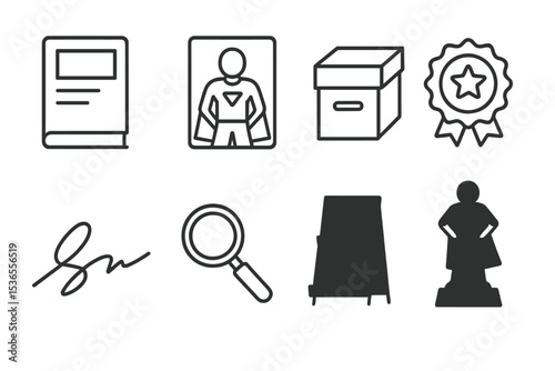 Comic Collecting Icons. Line style icons for comic book collecting: comic book, cover art, storage box, rarity badge, signature,