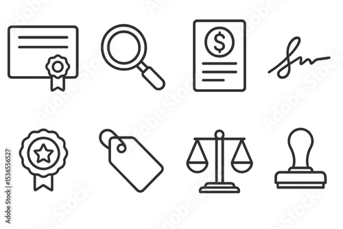 Valuation Icons Set. Line style icons for valuation and authentication: certificate, magnifying glass, appraisal report, signature
