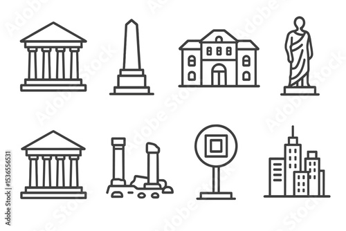 Cultural Landmark Icons. Line style icons for cultural landmarks: museum, monument, historical building, statue, temple,