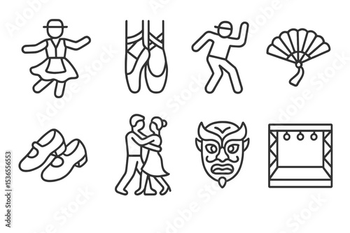 Dance Icons Collection. Line style icons for cultural dance: folk dancer, ballet shoes, hip hop dancer, flamenco fan, tap shoes,