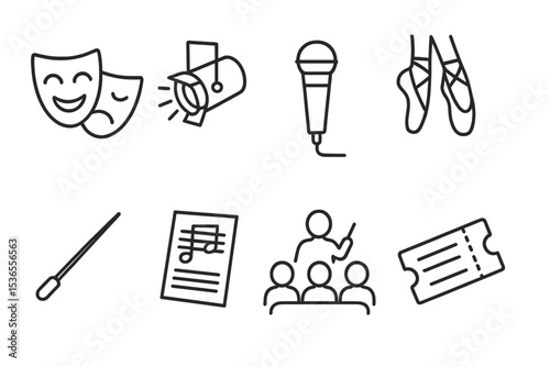 Performing Arts Icons. Line style icons for performing arts: theater mask, stage spotlight, microphone, dance shoes, conductor