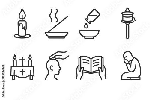 Sacred Ritual Icons. Line style icons for sacred rituals: candle lighting, incense burning, holy water, prayer wheel, altar,