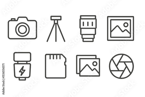 Photography Icons Collection. Line style icons for photography hobbies: camera, tripod, lens, photo frame, flash, memory card,