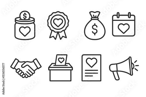 Fundraiser Icon Set. Line style icons for fundraisers: donation jar, charity badge, money bag, calendar, handshake, ballot box,