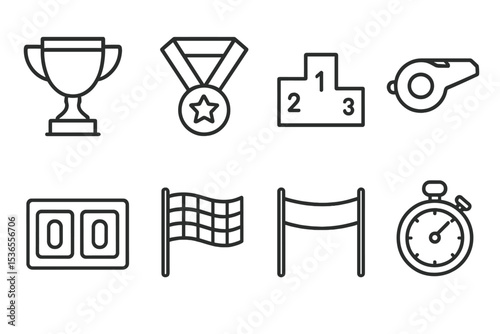 Competition Icons. Line style icons for competition and events: trophy, medal, podium, referee whistle, scoreboard, race flag,