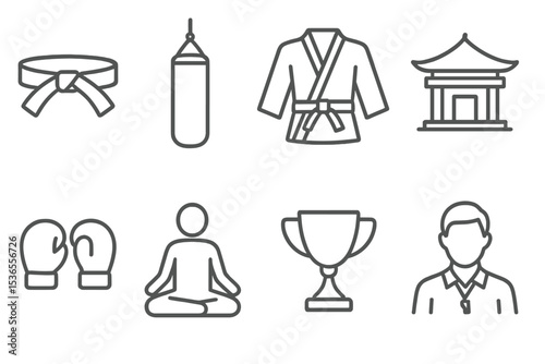 Martial Arts Icons. Line style icons for martial arts: karate belt, punching bag, gi, dojo, sparring gloves, meditation pose,