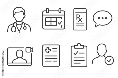 Medical Consultation Icons. Line style icons for doctor consultation: doctor avatar, appointment calendar, prescription pad, chat