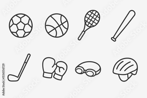Sports Equipment Icons. Line style icons for sports equipment: soccer ball, basketball, tennis racket, baseball bat, golf club,
