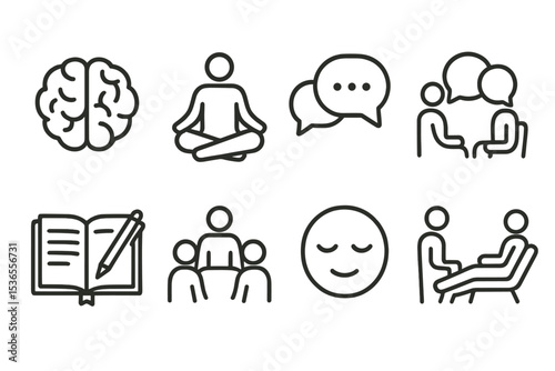 Mental Health Icons. Line style icons for mental health: brain, meditation, speech bubble, counseling, journal, support group,