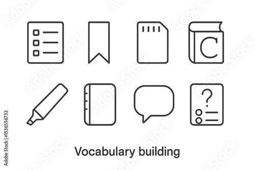 Vocabulary Icon Set. Line style icons for vocabulary building: word list, bookmark, memory card, thesaurus, highlighter, notebook,
