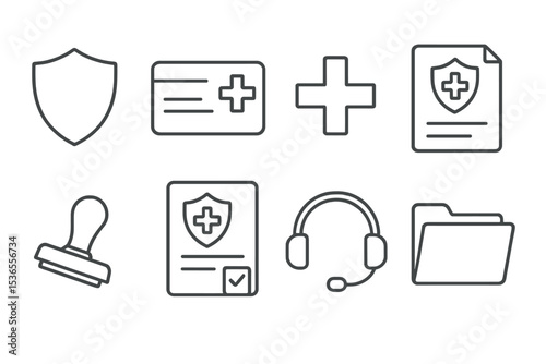 Health Insurance Icons. Line style icons for health insurance: shield, card, medical cross, policy document, approval stamp, claim