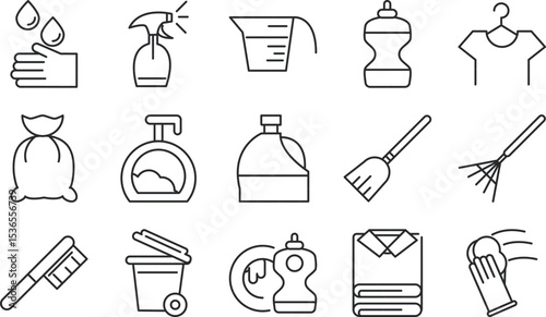 Cleaning Supplies Icons A Comprehensive Set of Line Art Graphics for Cleaning Businesses, Websites, and Applications