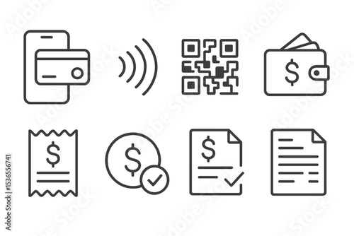 Payment Icons. Line style icons for payments: mobile payment, contactless card, QR code, wallet, receipt, payment confirmation,