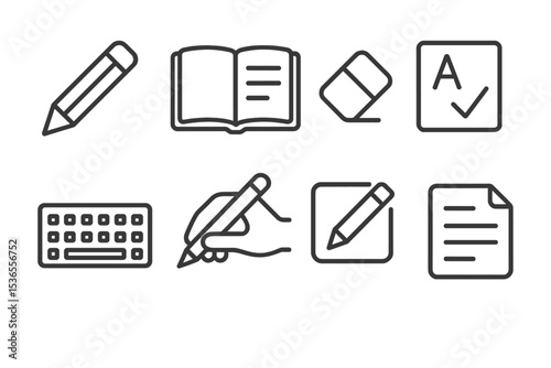 Writing Skill Icons. Line style icons for writing skills: pencil, notebook, eraser, grammar check, keyboard, writing hand, edit