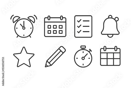 Study Reminder Icons. Line style icons for study reminders: alarm clock, calendar, checklist, notification bell, star, pencil,