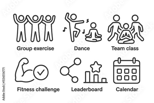 Group Fitness Icons. Line style icons for group fitness: group exercise, dance, yoga class, team sports, fitness challenge, social