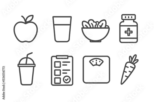 Line Style Nutrition Icons. Line style icons for nutrition: apple, water glass, salad bowl, vitamin bottle, smoothie, meal plan,