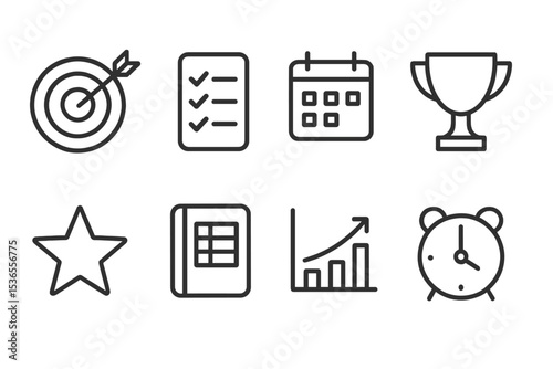 Goal Setting Icons. Line style icons for goal setting: target, checklist, calendar, trophy, star, planner, chart, reminder.