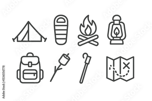 Camping Essentials Icons. Line style icons for camping: tent, sleeping bag, campfire, lantern, backpack, marshmallow on stick,