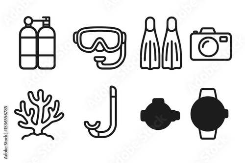 Diving Essentials Icons. Line style icons for diving: scuba tank, mask, fins, underwater camera, coral, snorkel, oxygen regulator,