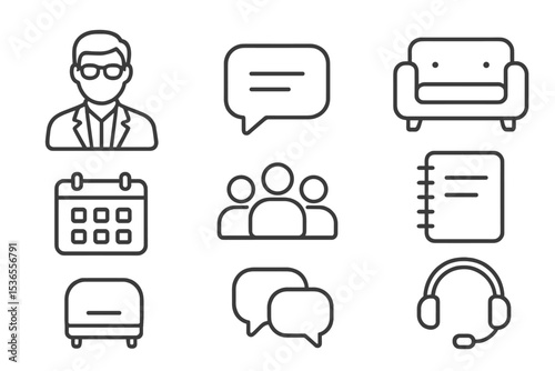 Therapy Line Icons. Line style icons for therapy: counselor, speech bubble, couch, notebook, calendar, support group, chat,